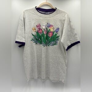 Vintage Morning Sun Tulip Floral Graphic Tee Cottagecore Made USA XL